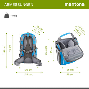 Mantona Elements Outdoor Zaino blu 2in1 per fotocamera e trekking, borsa fotografica con scomparti imbottiti per DSLR, drone, con supporto treppiede e copertura antipioggia