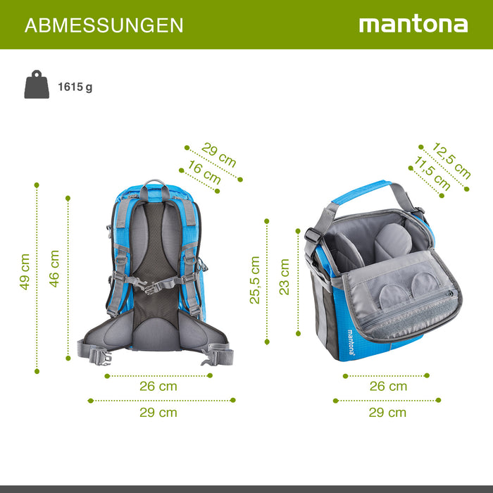 Mantona Elements Outdoor Zaino blu 2in1 per fotocamera e trekking, borsa fotografica con scomparti imbottiti per DSLR, drone, con supporto treppiede e copertura antipioggia