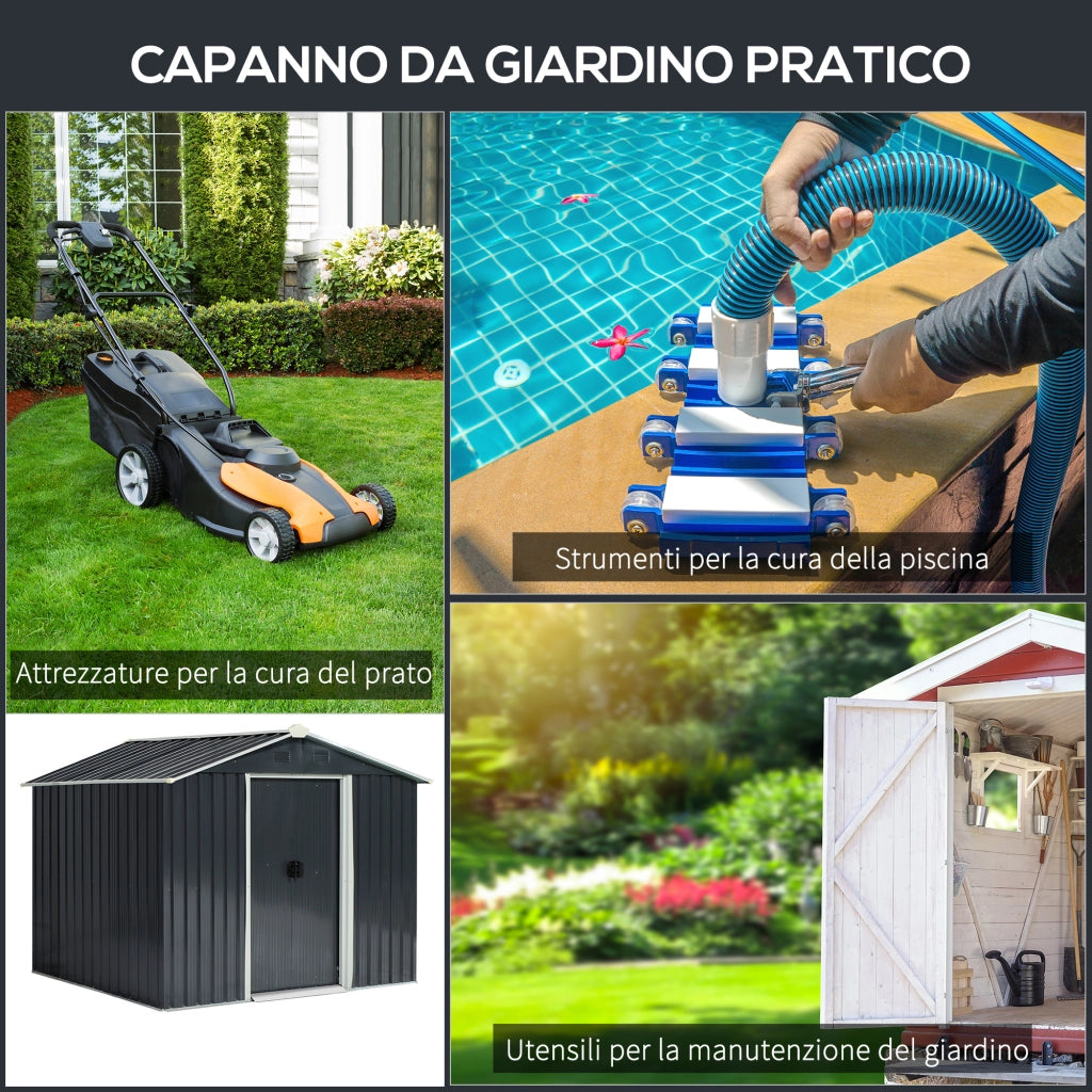 EasyComfort Casetta da Giardino 3.6m² in Acciaio Zincato con Prese d'Aria, Capanno da Giardino con Tetto Inclinato, Doppie Porte Scorrevoli Bloccabili, Capanno Porta Attrezzi, 236x174x190cm, Grigio Scuro
