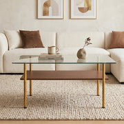 Tavolino da caffè 98x58x45 cm con piano in vetro e ripiano in MDF; struttura in metallo; marrone oro