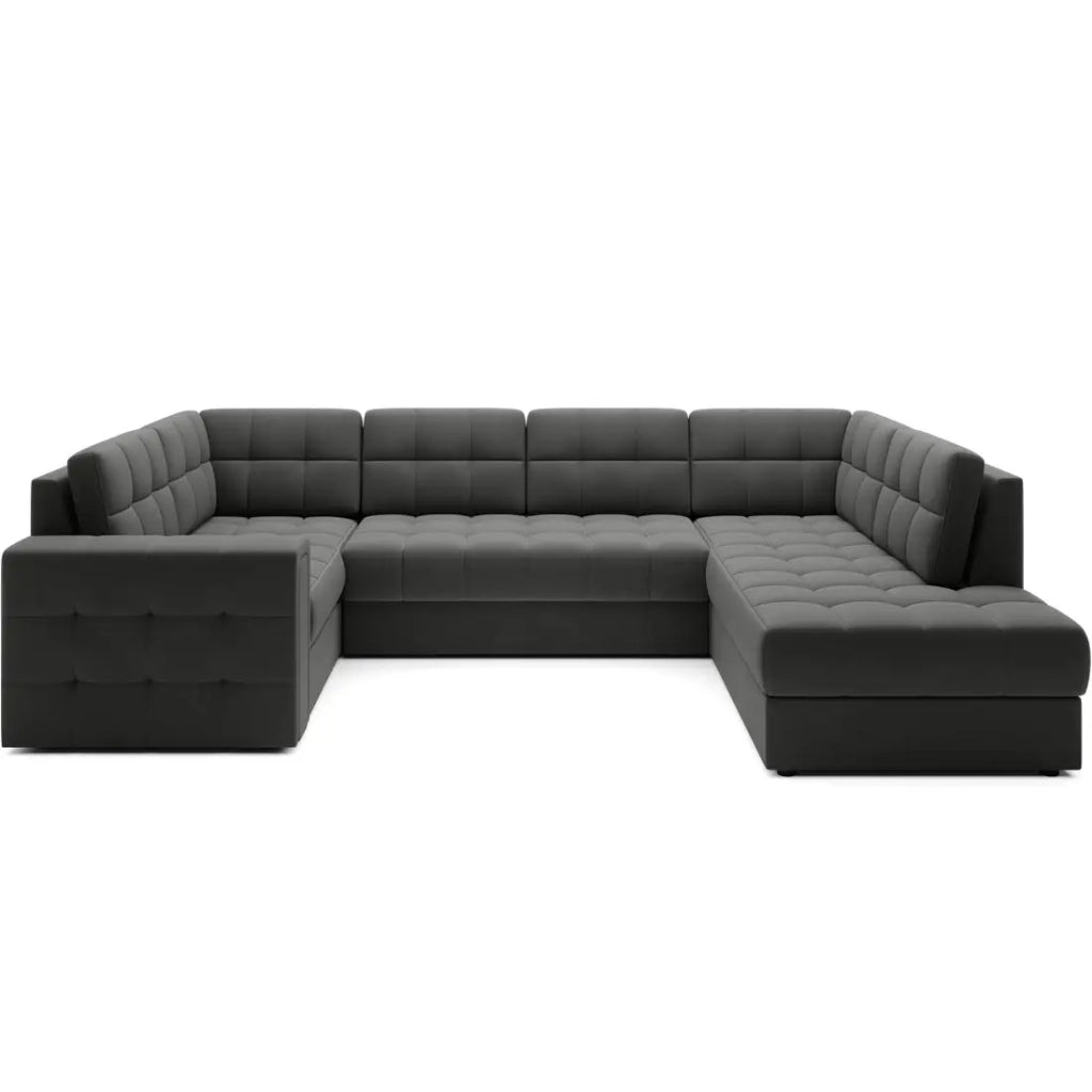 Divano angolare trasformabile MONTEZA grigio scuro 299 cm con contenitore e letto