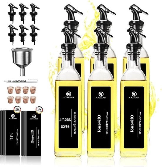 Set di pulizia con olio 250 ml (6 confezioni) - Incluso aceto e 20 etichette in tedesco - Dispensatore di olio con etichette DIY per riempimento di olio