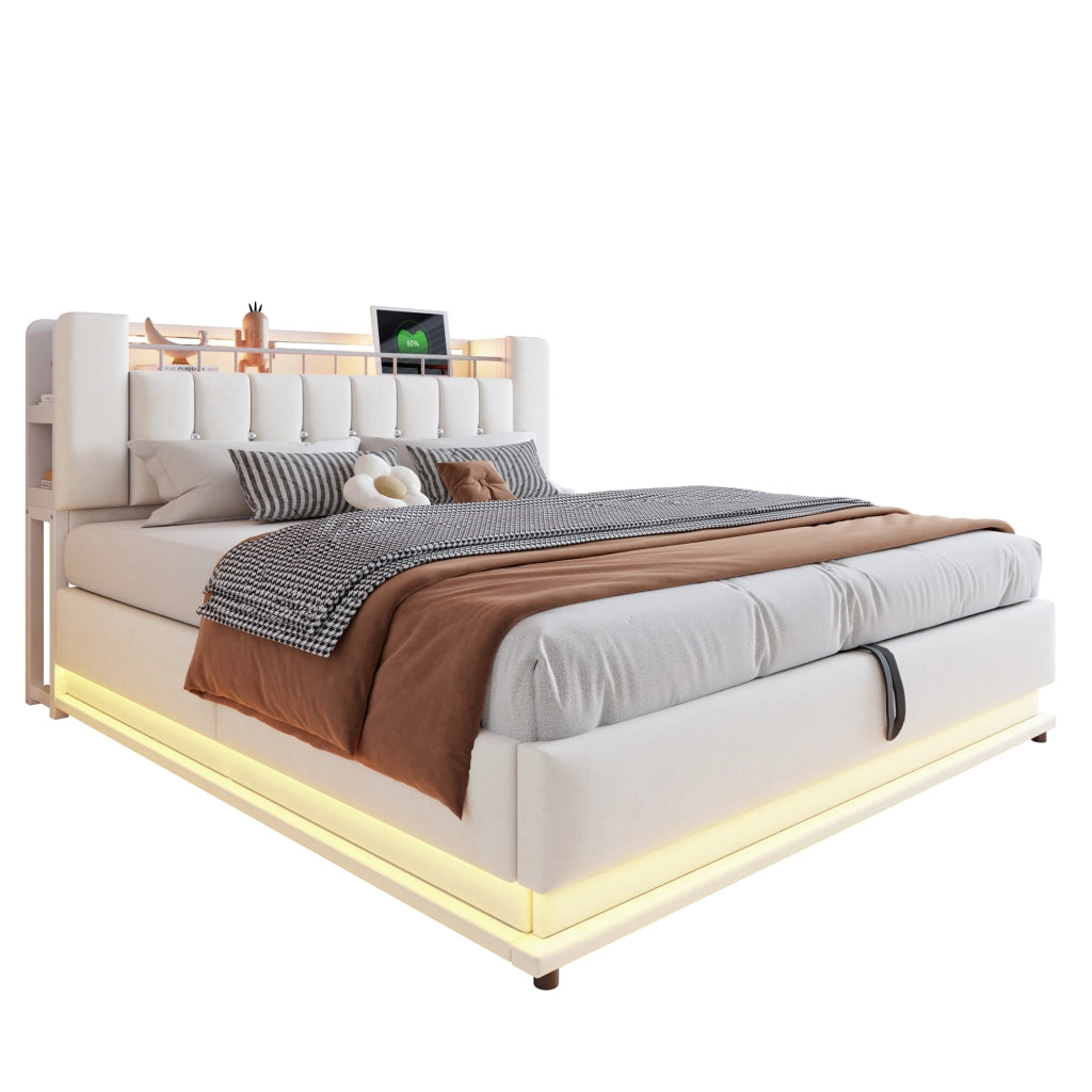 Letto Contenitore 180x200 cm; con USB e LED; in Tessuto Imbottito; Beige
