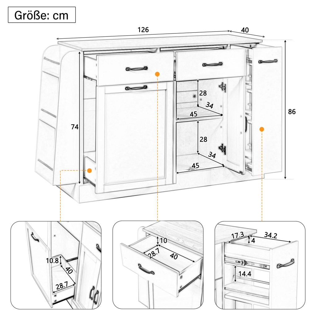 Credenza e madia con vani aperti, vano pattumiera e ripiani, per cucina e sala da pranzo, nera, 133,5 × 40 × 86 cm