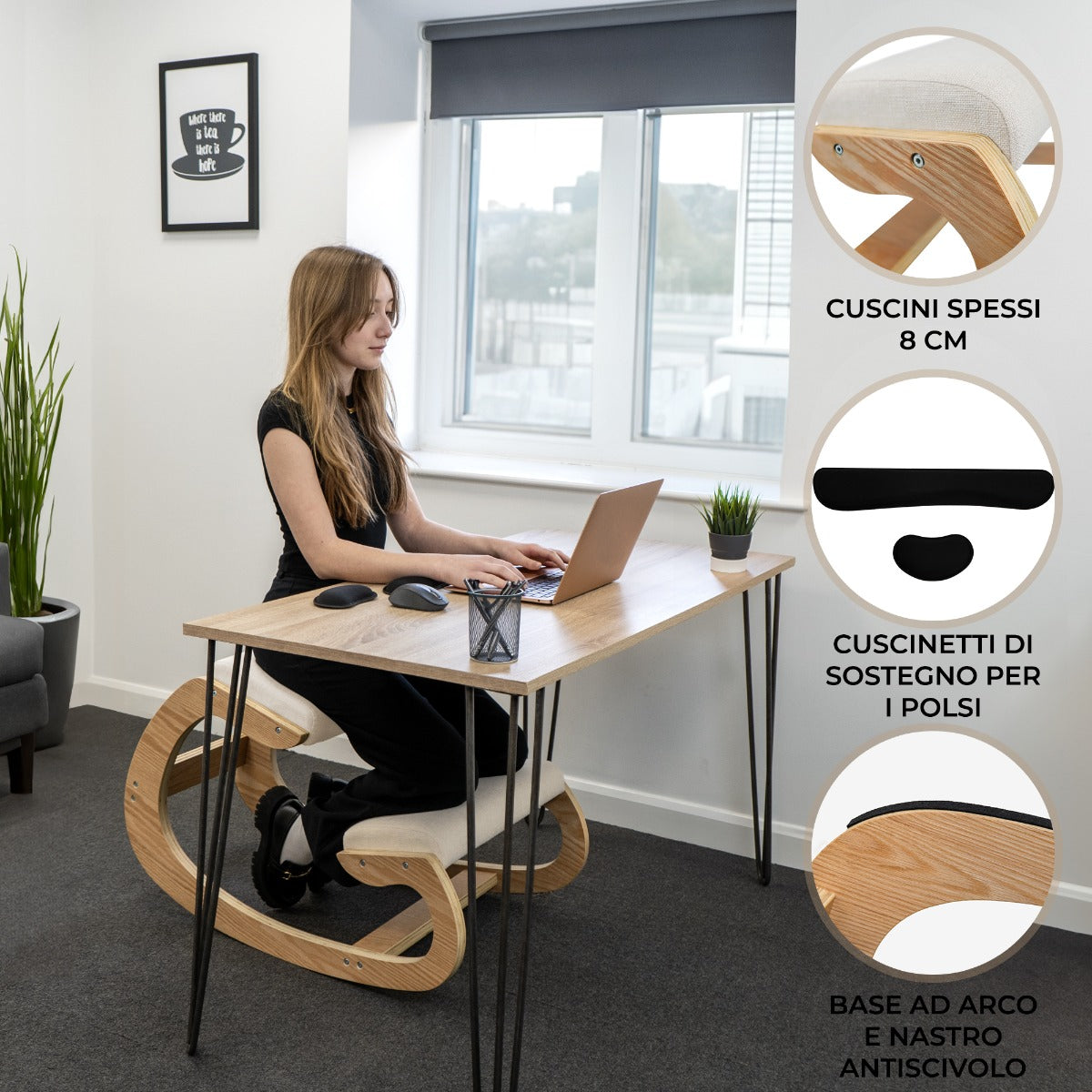 Sedia Ergonomica con Inginocchiatoio 55x85x54 cm in Legno con Accessori Beige