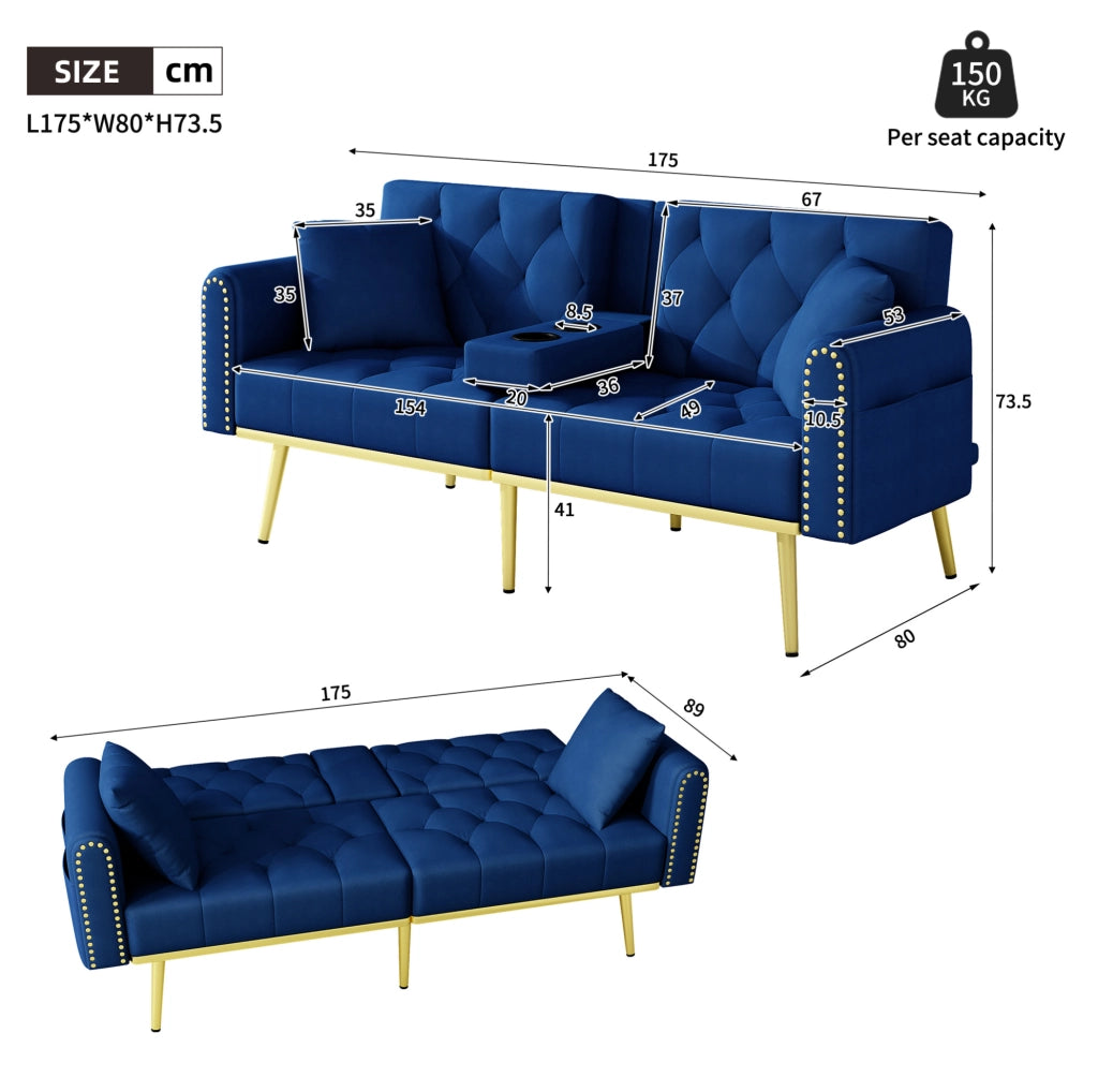 Divano letto multifunzione 175x80x73;5 cm in velluto blu con schienale regolabile