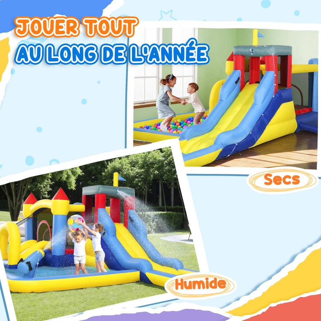 Castello gonfiabile per parco acquatico con scivoli, trampolino, parete arrampicata, cannone e canestro ¨C zephmum ¨C Colore variabile, Materiale PVC, Dimensioni variabili