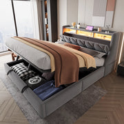 Letto matrimoniale imbottito 180x200 cm con contenitore idraulico, testiera ribaltabile, LED, prese USB e Type-C, velluto grigio