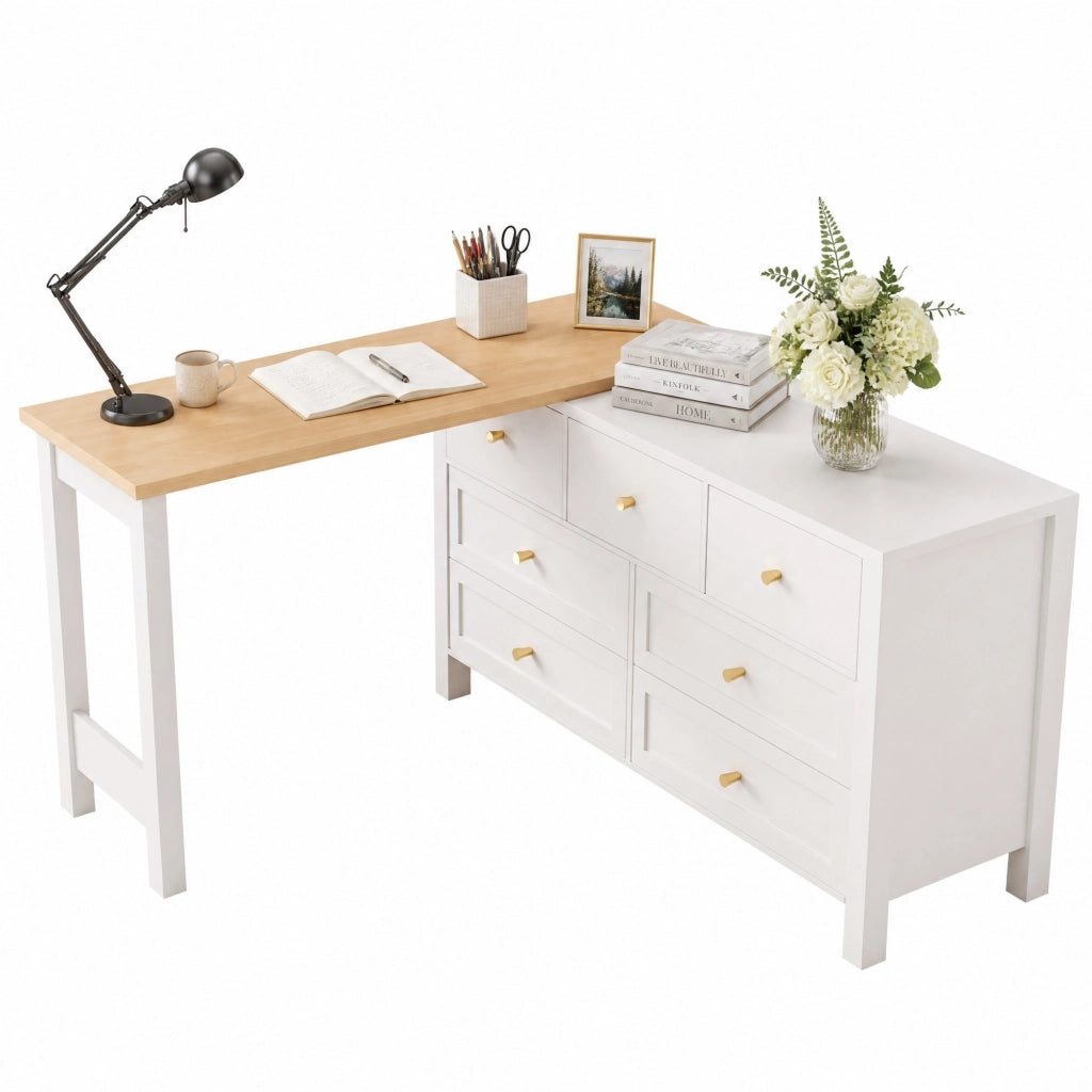 Scrivania girevole 2 in 1 con 7 cassetti, effetto quercia bianco/naturale, 120 x 40 x 70 cm