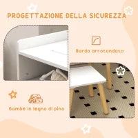 Set Tavolino per Bambini con Sgabello, Banchetto con Piano Reversibile e Rotolo di Carta, Bianco