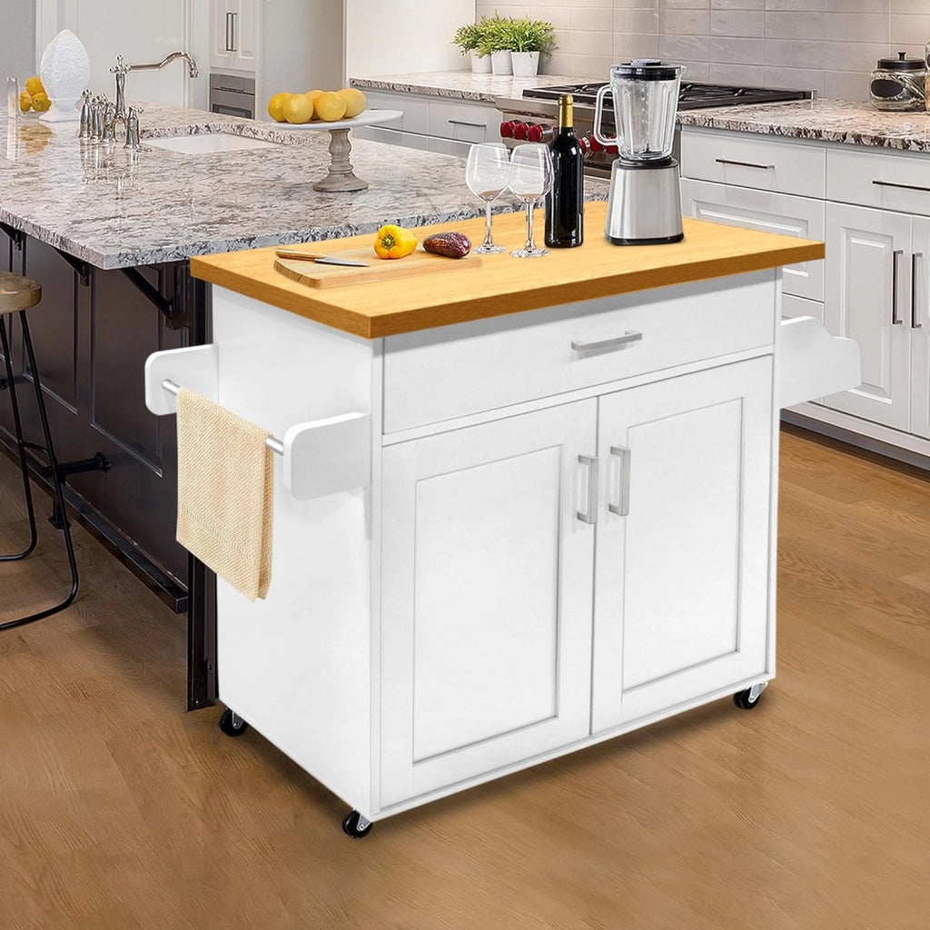 Carrello da cucina bianco con ruote e piano di lavoro, carrello da cucina, isola in legno, con portasciugamani e portaspezie, mobile da cucina, carrello da cucina, 115 x 90 x 36 cm