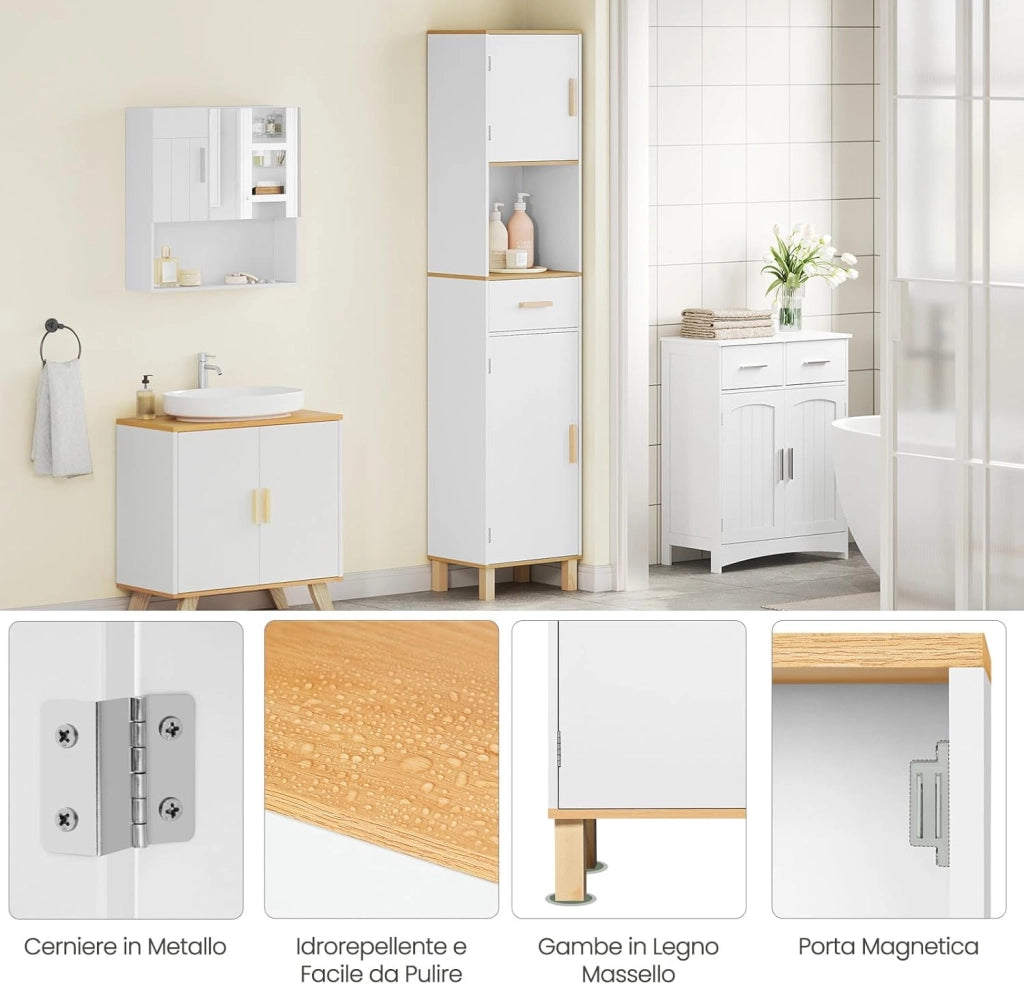 Mobile da Bagno Alto e Stretto, Armadio a Colonna da Bagno Salvaspazio in Legno MDF Mobiletto, Mobile Multiuso con 2 Ante, 1 Cassetto e 1 Vano Aperto, Bianco, 40x30x180cm