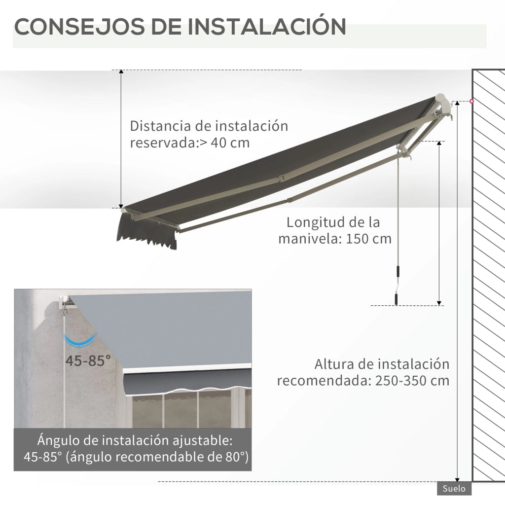 Toldo Manuale Retrattile per Balcone ¨C zephmum ¨C Grigio 300x250 cm