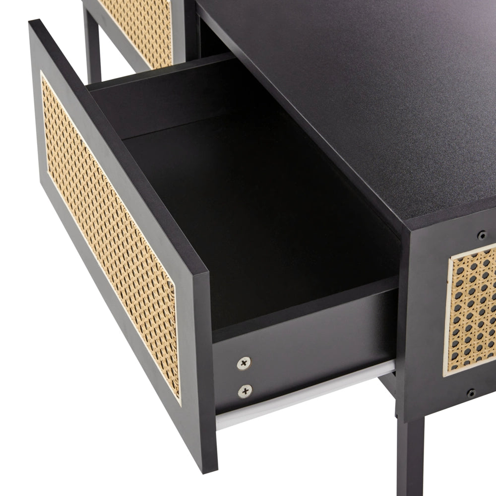Tavolino da caffè nero con treccia viennese Struttura in ferro MDF Cassetti in rattan 97 x 57 x 42 cm Boho