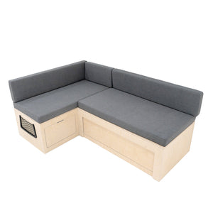 Divano Letto Camper L con Cuscini, 180x120cm, Ripiani e Reti, Design Scorrevole