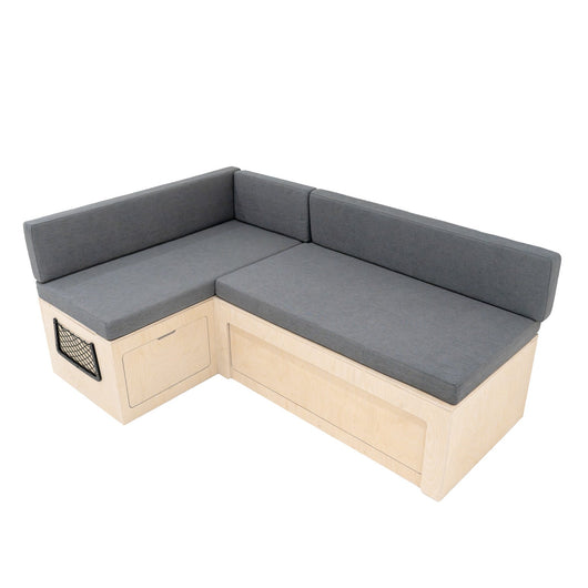Divano Letto Camper L con Cuscini, 180x120cm, Ripiani e Reti, Design Scorrevole