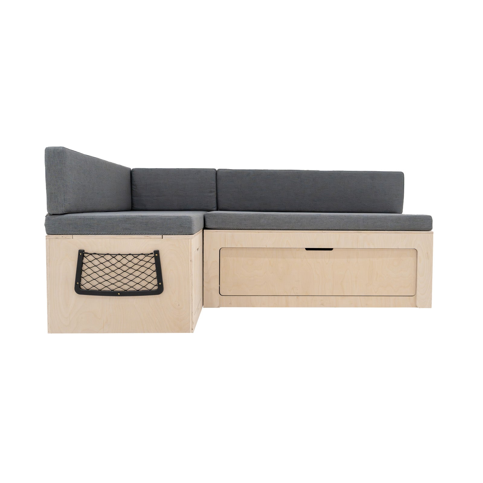 Divano Letto Camper L con Cuscini, 180x120cm, Ripiani e Reti, Design Scorrevole