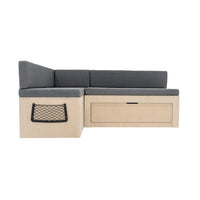 Divano Letto Camper L con Cuscini, 180x120cm, Ripiani e Reti, Design Scorrevole