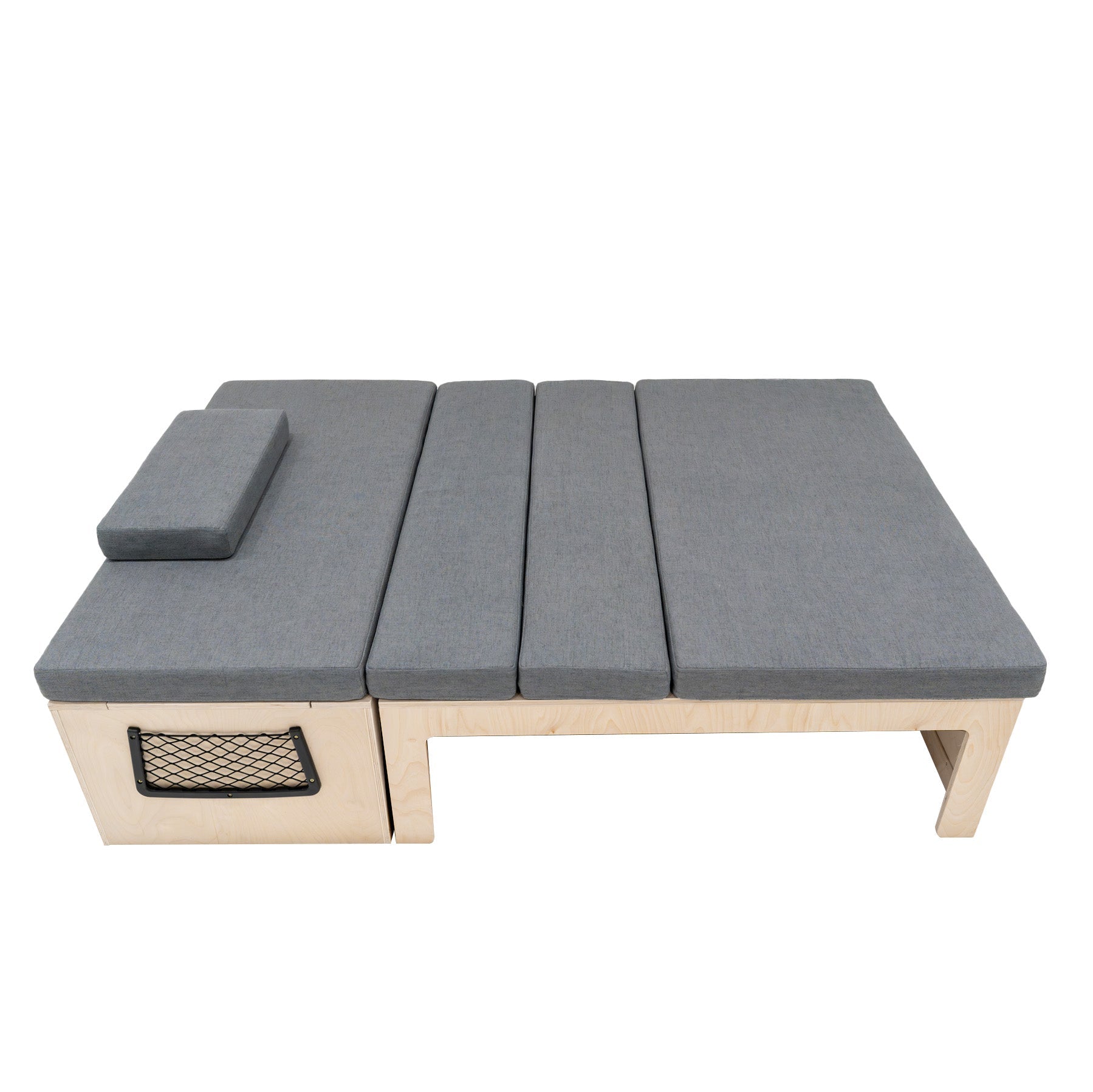 Divano Letto Camper L con Cuscini, 180x120cm, Ripiani e Reti, Design Scorrevole