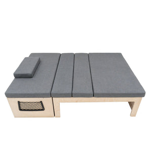 Divano Letto Camper L con Cuscini, 180x120cm, Ripiani e Reti, Design Scorrevole