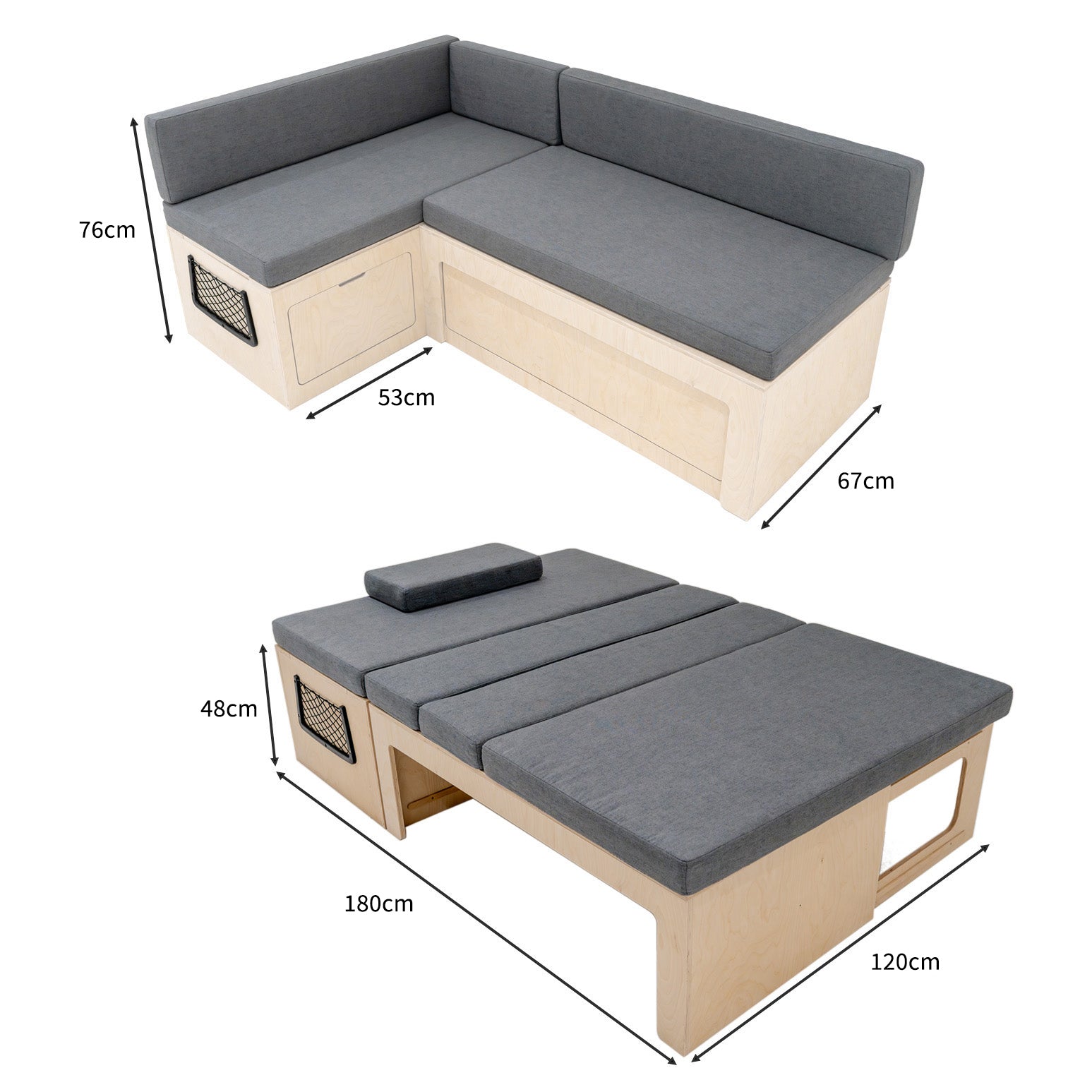 Divano Letto Camper L con Cuscini, 180x120cm, Ripiani e Reti, Design Scorrevole