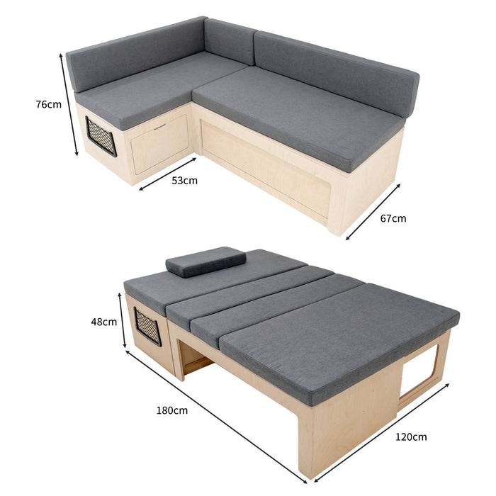 Divano Letto Camper L con Cuscini, 180x120cm, Ripiani e Reti, Design Scorrevole
