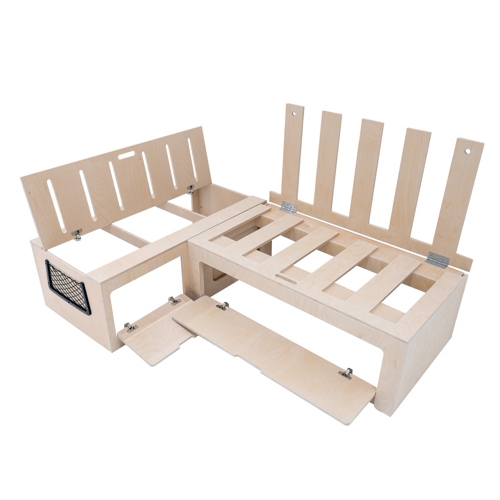 Divano Letto Camper L con Cuscini, 180x120cm, Ripiani e Reti, Design Scorrevole