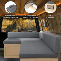Divano Letto Camper L con Cuscini, 180x120cm, Ripiani e Reti, Design Scorrevole