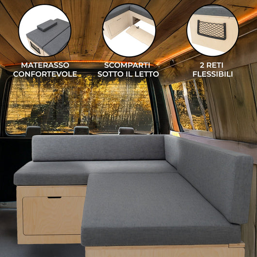 Divano Letto Camper L con Cuscini, 180x120cm, Ripiani e Reti, Design Scorrevole