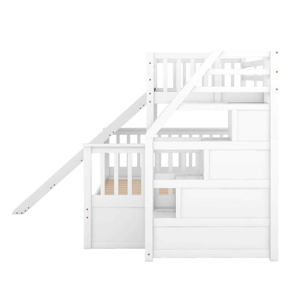 OKWISH Letto a Castello 90×200 cm e 140×200 cm, Letto 3 Posti con 2 Cassetti, Contenitore e Scivolo, senza Materasso, in Pino, Bianco