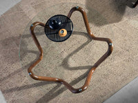 Tavolino rotondo in vetro temperato e noce