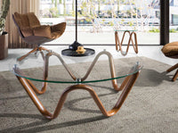 Tavolino rotondo in vetro temperato e noce