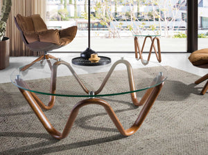 Tavolino rotondo in vetro temperato e noce