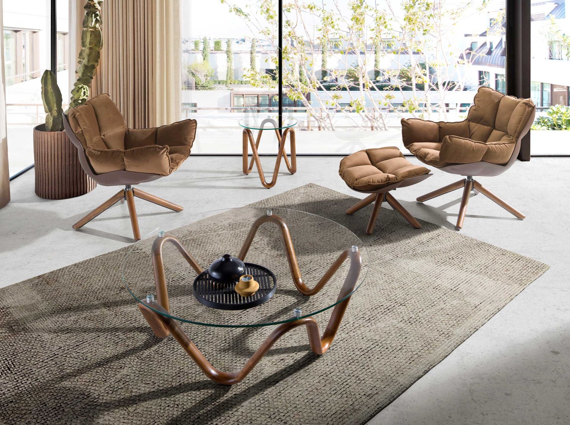 Tavolino rotondo in vetro temperato e noce