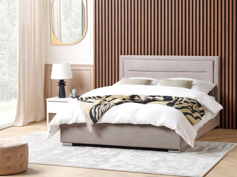 Letto matrimoniale in velluto con contenitore tortora 180 x 200 cm design moderno imbottito con testiera ottomana