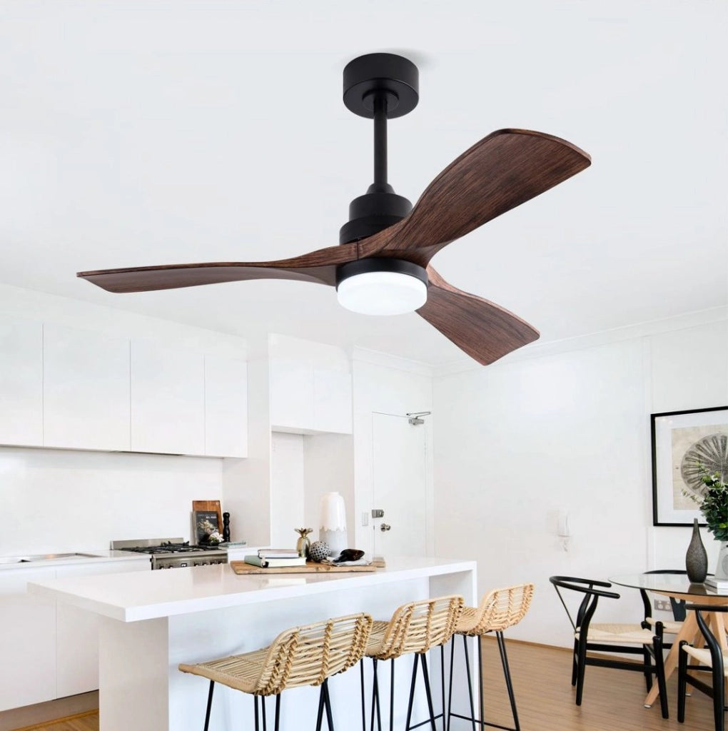 Ventilatore da soffitto 42 pollici con luce LED e telecomando; nero e noce scuro in ABS