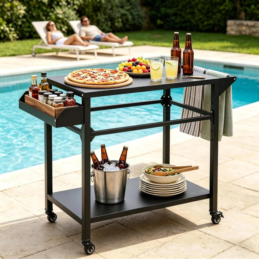 Carrello per Barbecue a 2 livelli, Carrello da Giardino con Porta Asciugamani e Scaffale per Spezie, Desserte da Esterno, 4 Rotelle, per Giardino e Terrazza, 100 x 45 x 80 cm, Nero
