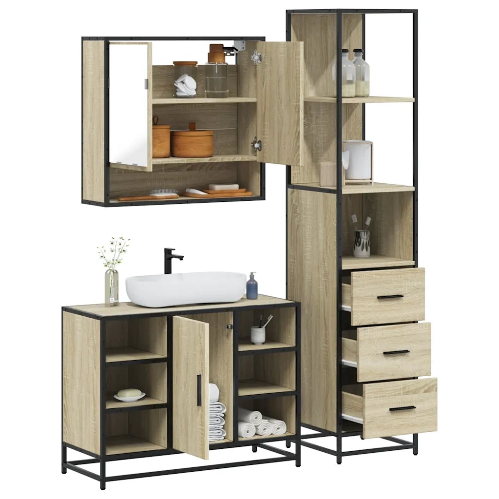 Set Mobili da Bagno | Armadio da bagno 3 pz Rovere Sonoma in Legno Multistrato