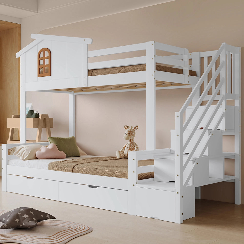 Letto a Castello Bambino con Scrivania Angolo 90x200cm - Xylo - Legno Bianco e Naturale