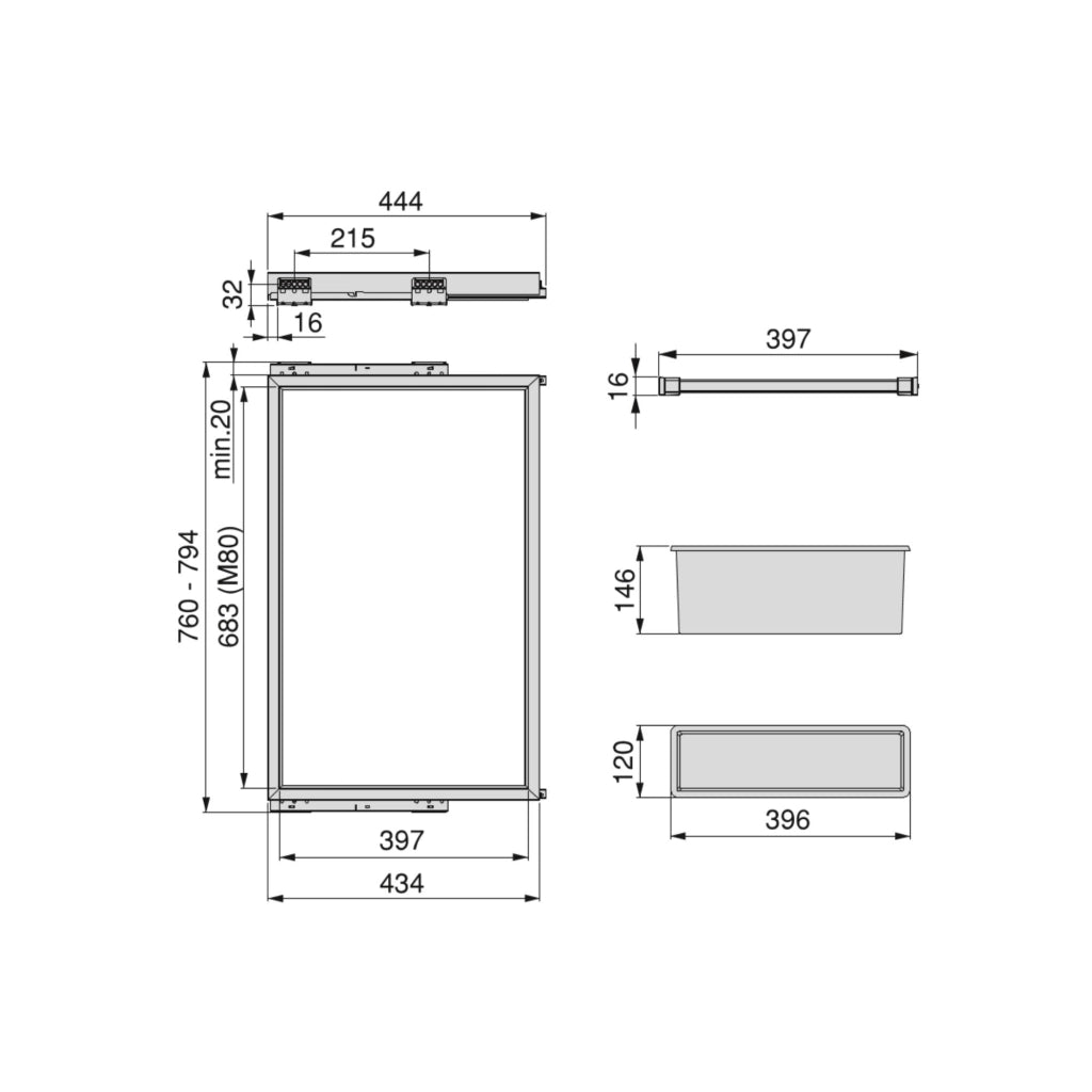 Kit 7 Aste Pantaloni e Vassoio per Armadio 800 mm in Acciaio Emuca Grigio Pietra