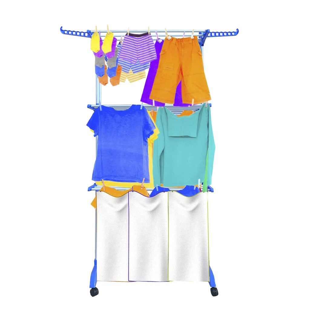Stendibiancheria XXL Pieghevole Premium Slim Nyana Home | 4 Livelli | Barre in Acciaio | Supporti Laterali per Grucce | Gambe Pieghevoli | 4 Ruote con Freno | Blu