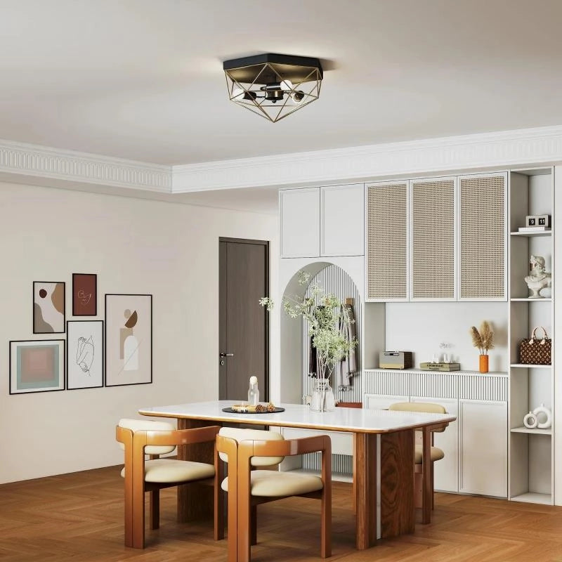 LAMPADA DA SOFFITTO STILE INDUSTRIALE GEOMETRICA CON 3 ATTACCHI E27 PER LAMPADINE LED, NERO E ORO