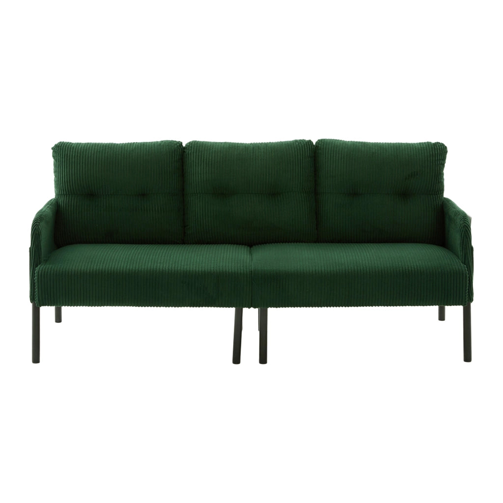 Divano a 3 posti in corduroy color Emerald con schienale ergonomico, tasca laterale e struttura stabile