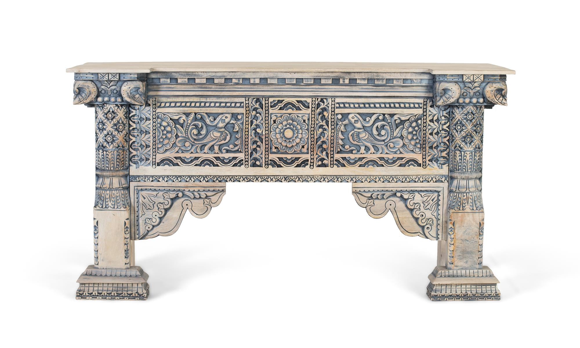 Consolle in legno di mango con colonne intagliate a mano