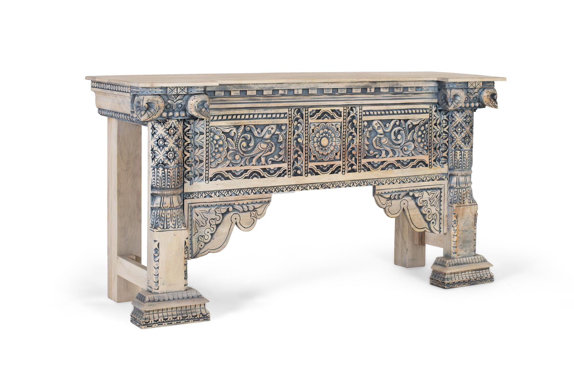 Consolle in legno di mango con colonne intagliate a mano