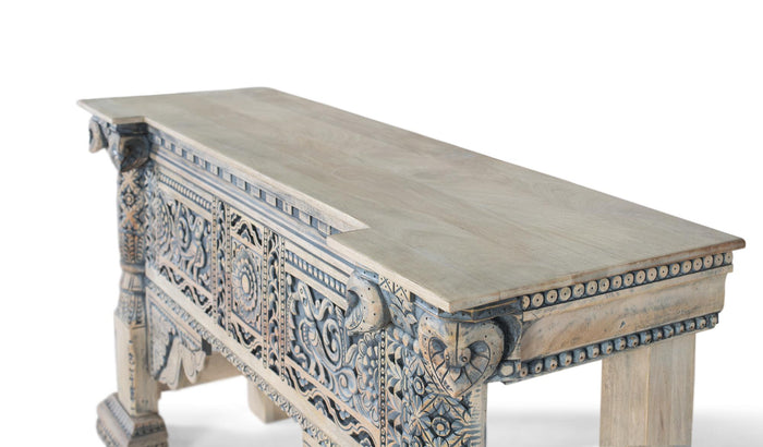 Consolle in legno di mango con colonne intagliate a mano