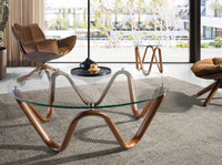 Tavolo angolare rotondo in vetro temperato e noce