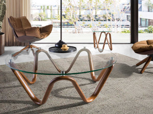 Tavolo angolare rotondo in vetro temperato e noce