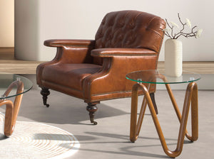 Tavolo angolare rotondo in vetro temperato e noce