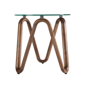 Tavolo angolare rotondo in vetro temperato e noce